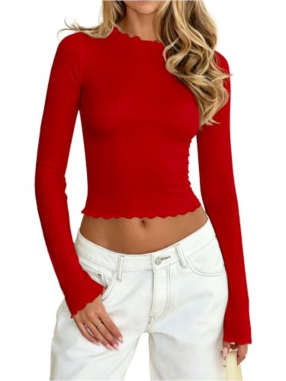 Long Sleeve Fitted Ribbed Knit Tee Shirt Lightweight Stretch Top